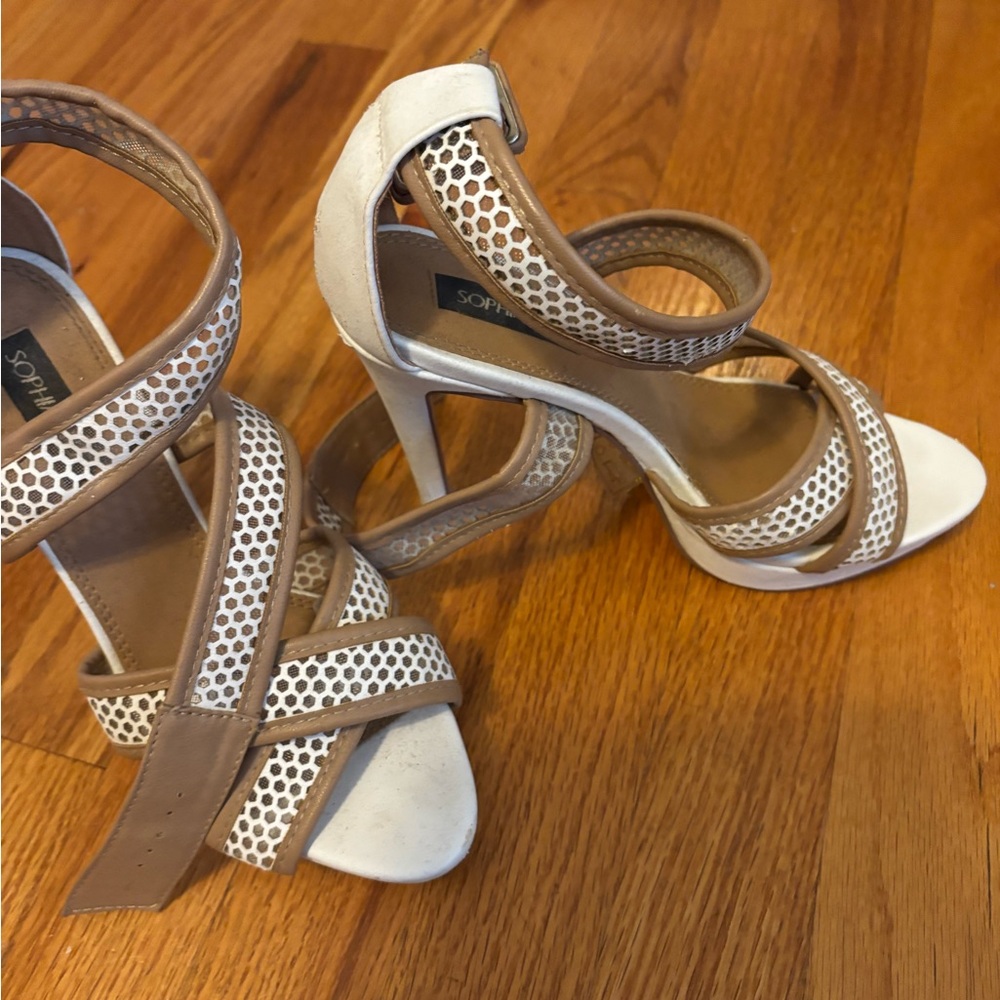 White and Tan Strappy Heels